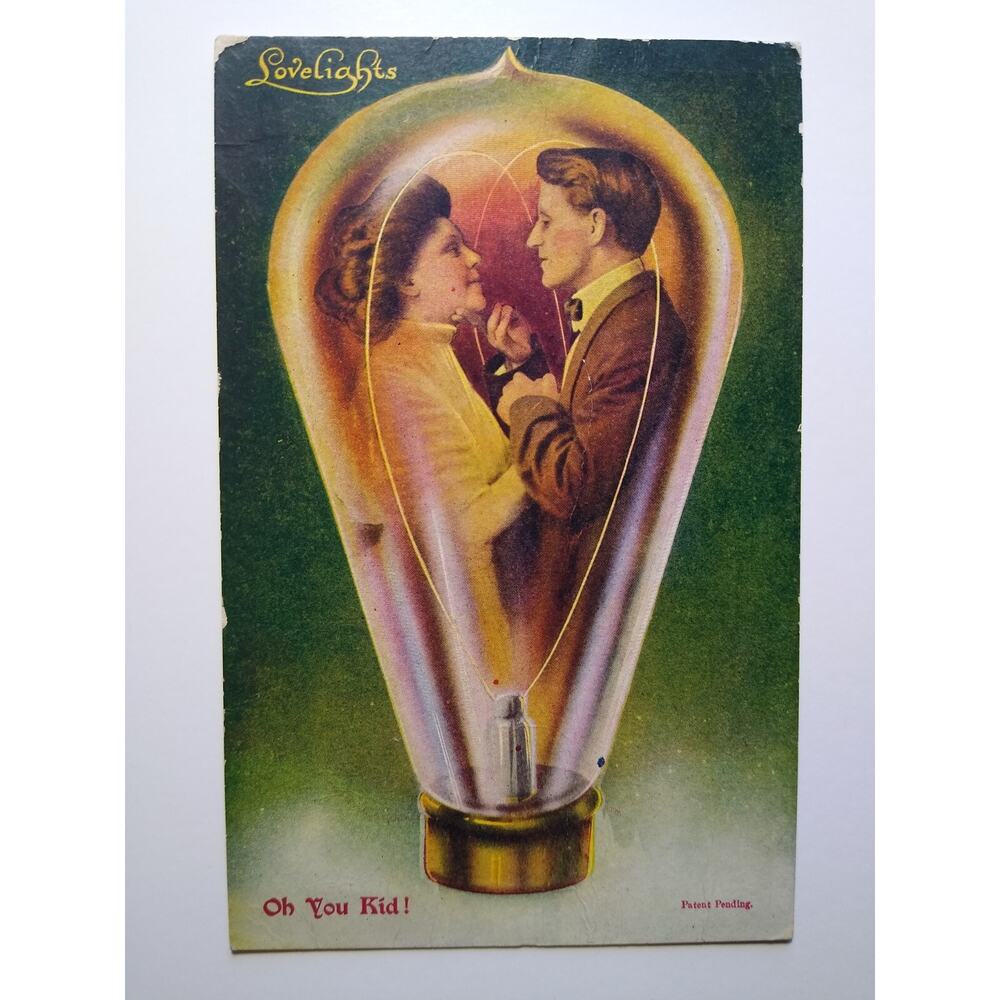 Victorian Couple Inside Light Bulb Fantasy Postcard Oh You Kid Lovelights 1910